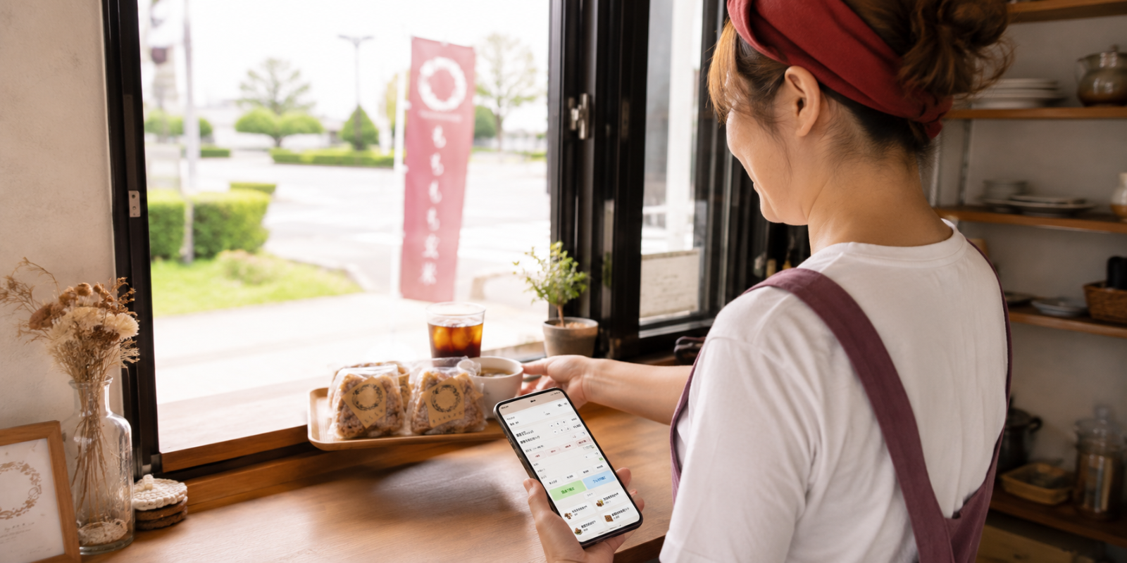 西原町の飲食店で店主がスマートフォンの業務ツールを確認している様子